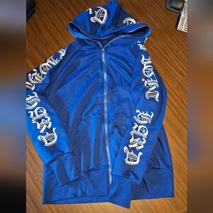 Blue Zip-Up Hoodie with White Graphics